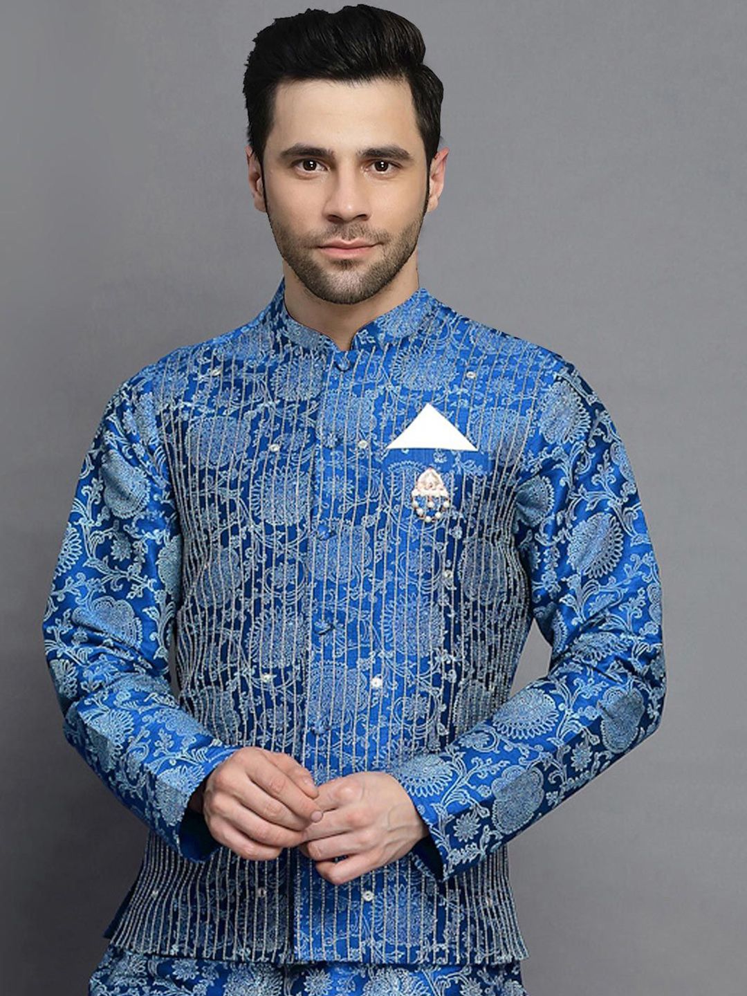 Utsav Fashion Men Block Printed Mandarin Collar Art Silk Nehru Jacket