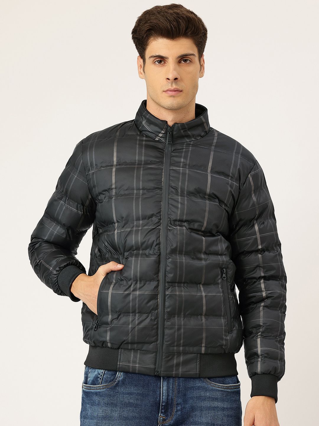Okane Checked Mock Collar Reversible Puffer Jacket