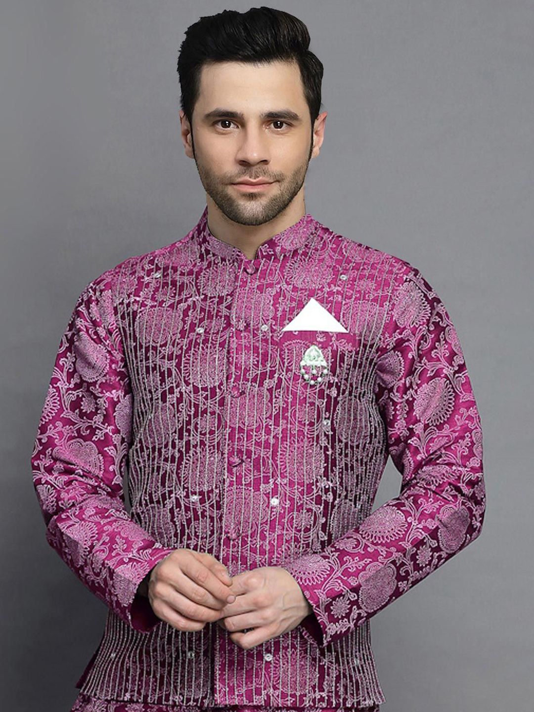 Utsav Fashion Men Block Printed Mandarin Collar Art Silk Nehru Jacket