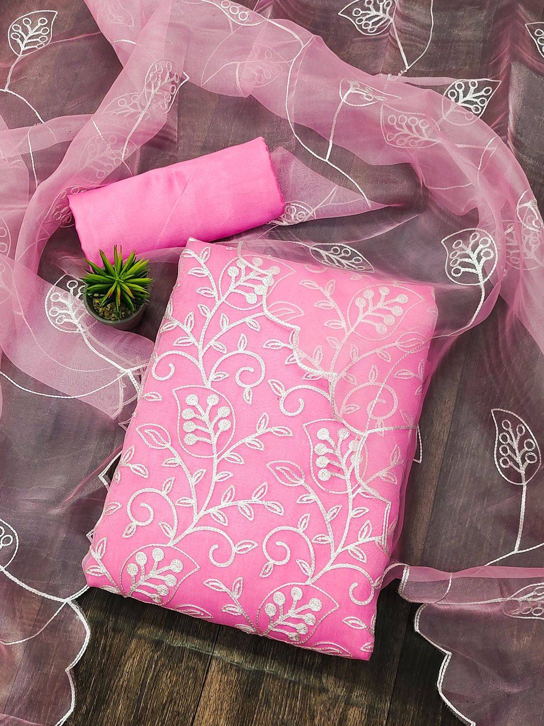 Rangtulika Ethnics Floral Embroidered Thread Work Organza Unstitched Dress Material