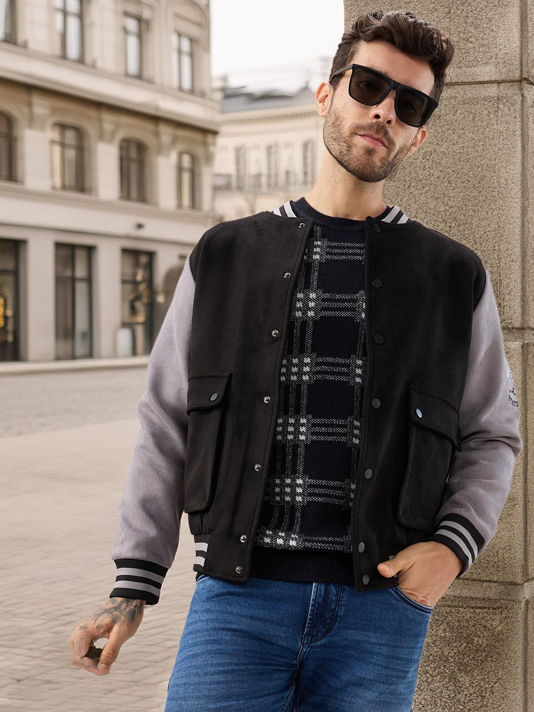 Status Quo Men Mock Collar Solid Lightweight Varsity Jacket
