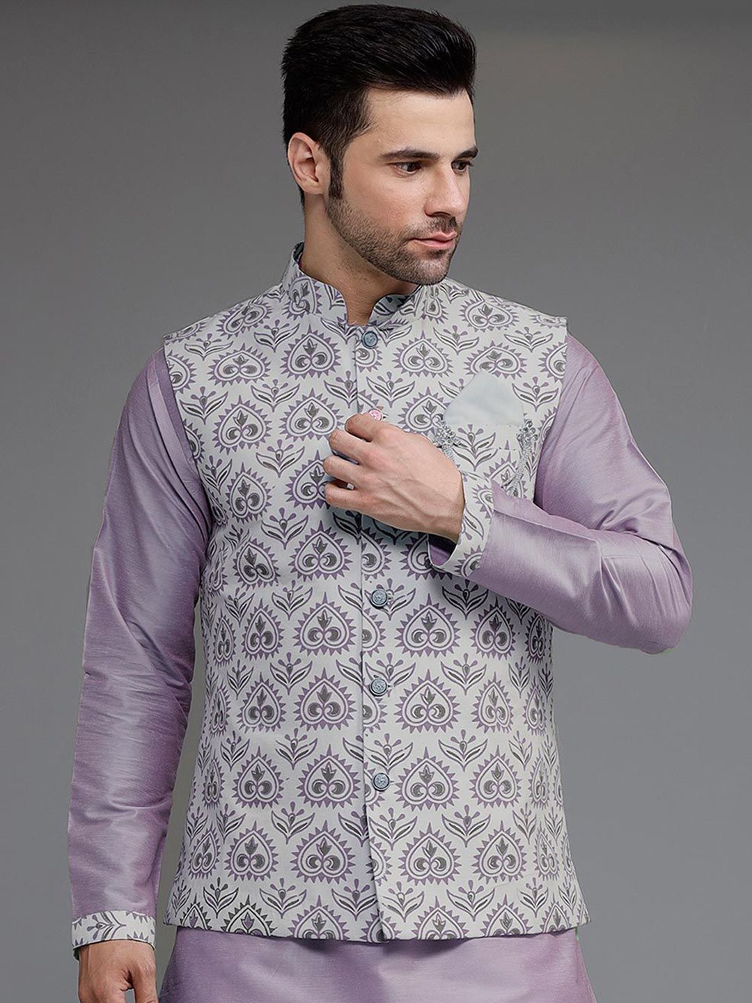 Utsav Fashion Men Digital Printed Cotton Silk Nehru Jacket in Grey