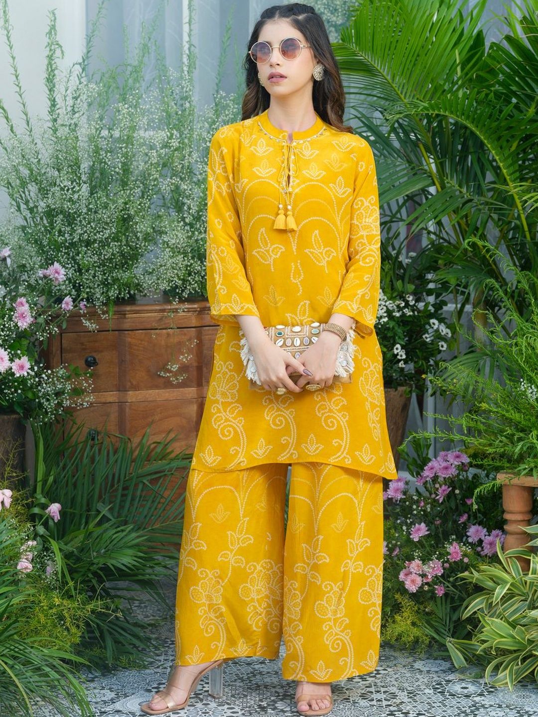 Sangria Mustard Natural Crepe Embroidered Kurta with Palazzo Co-ord Set