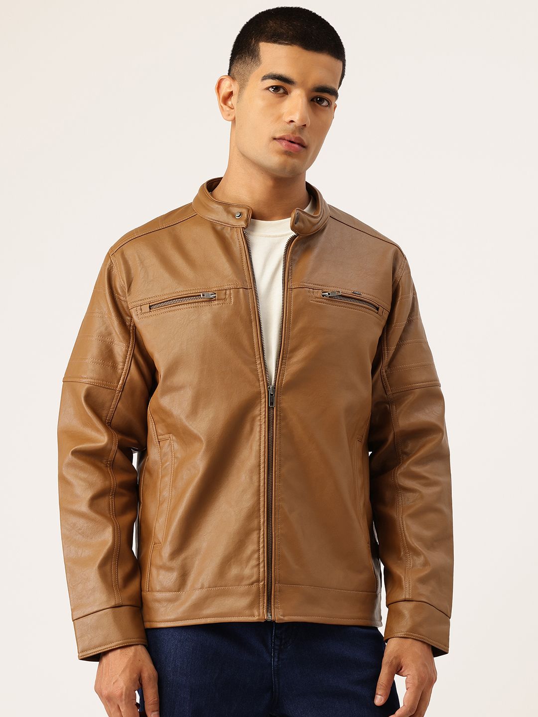 Okane Faux Leather Trim Mandarin Collar Tailored Jacket