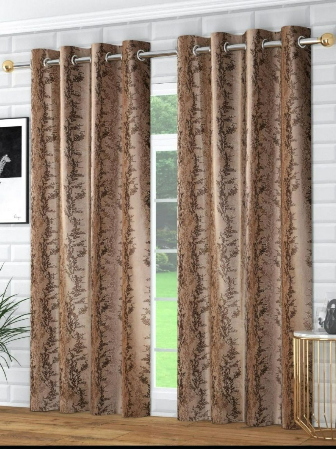 UrbanArts Brown 2 Pieces Floral Printed Room Darkening Window Curtain