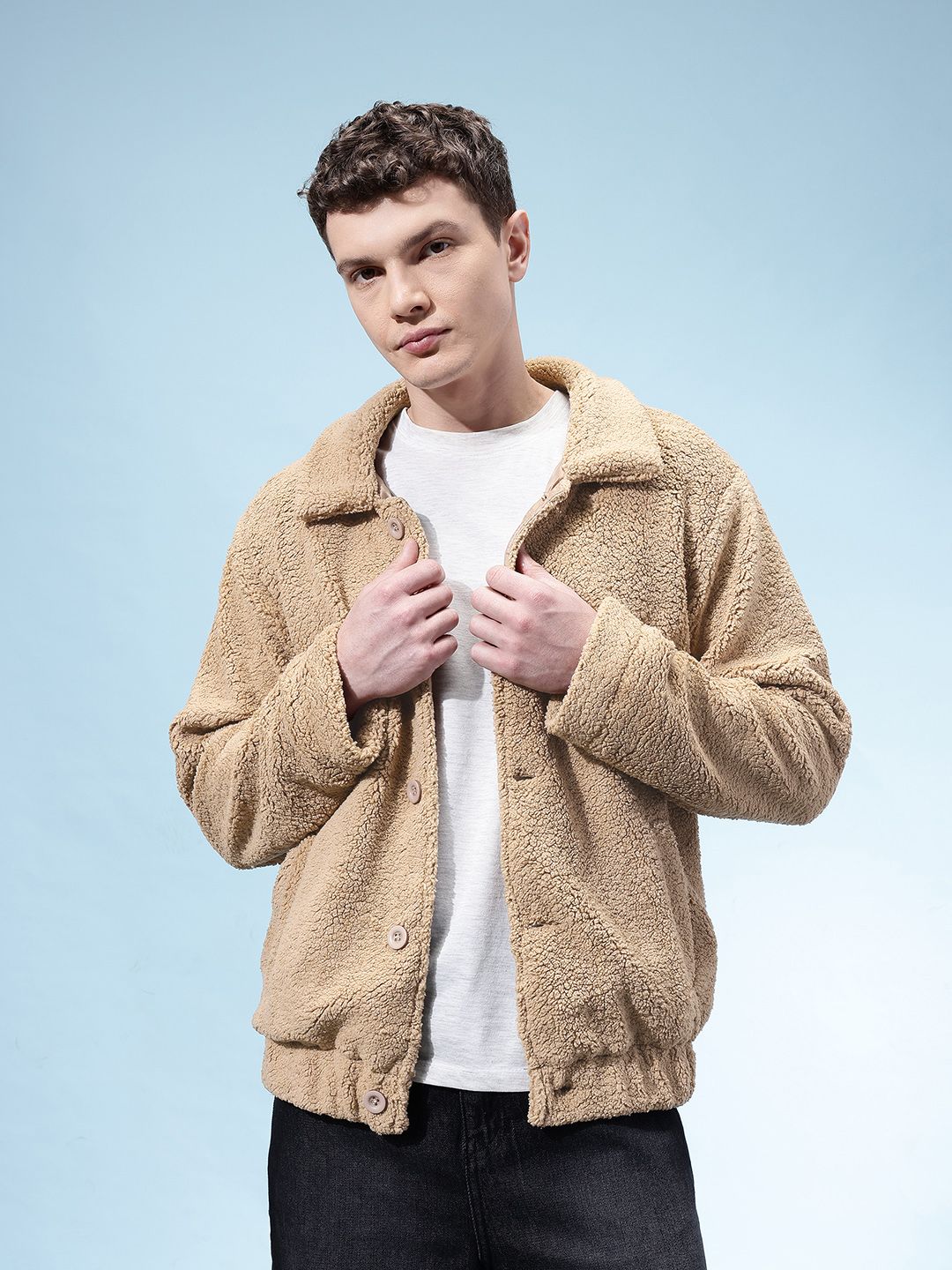 Spread Collar Relaxed Sherpa Jacket deal from myntra