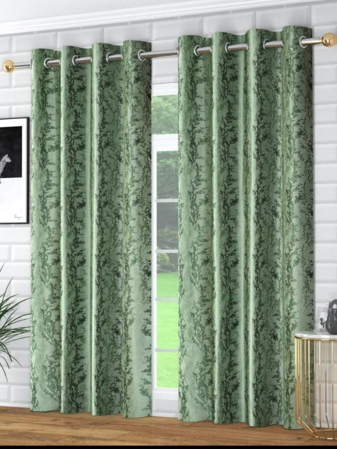 UrbanArts Green 2 Pieces Floral Printed Room Darkening Window Curtains