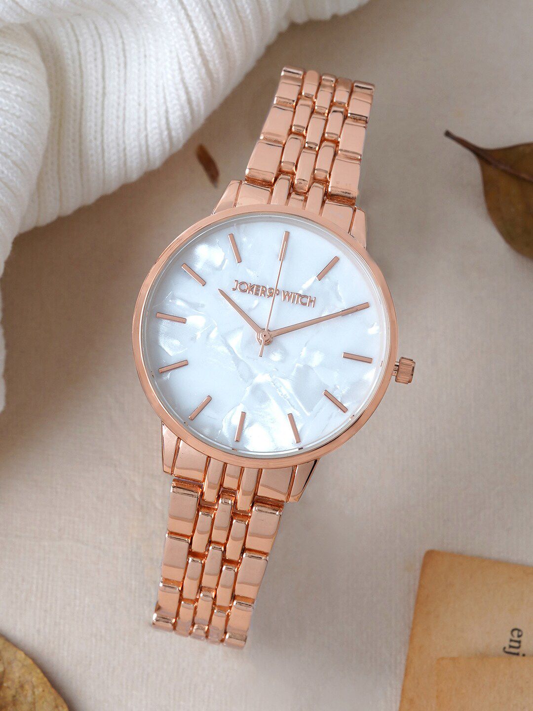 JOKER & WITCH Women White Printed Dial & Rose Gold Toned Bracelet Style Straps Analogue Watch