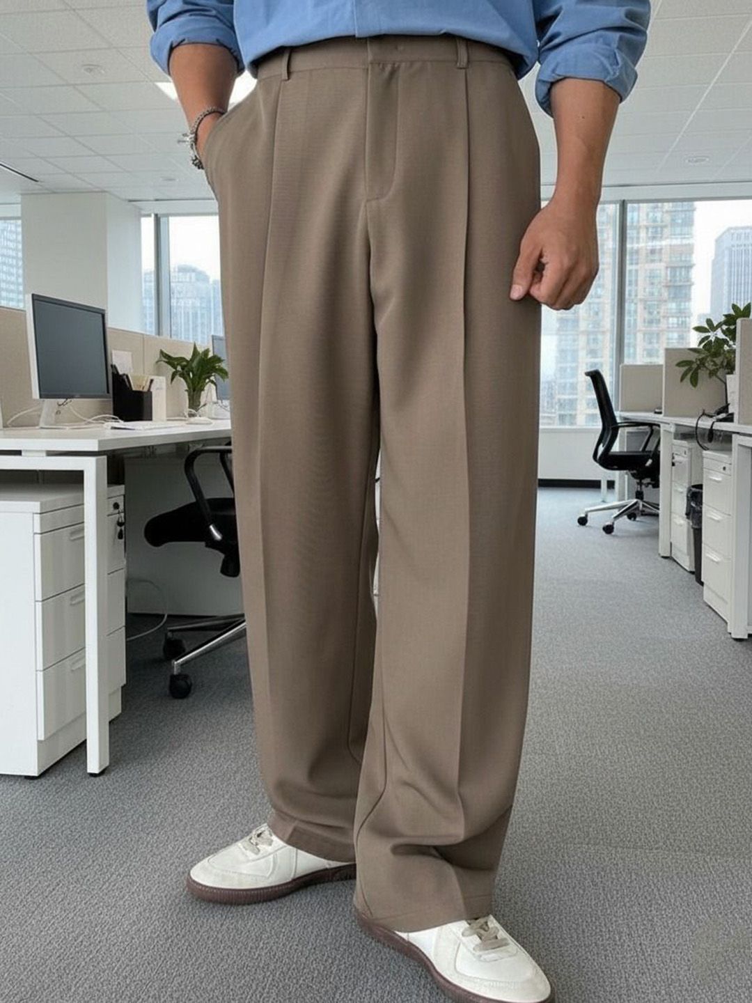 BROADSTAR Men Relaxed Straight Leg Straight Fit Easy Wash Pleated Korean Pants