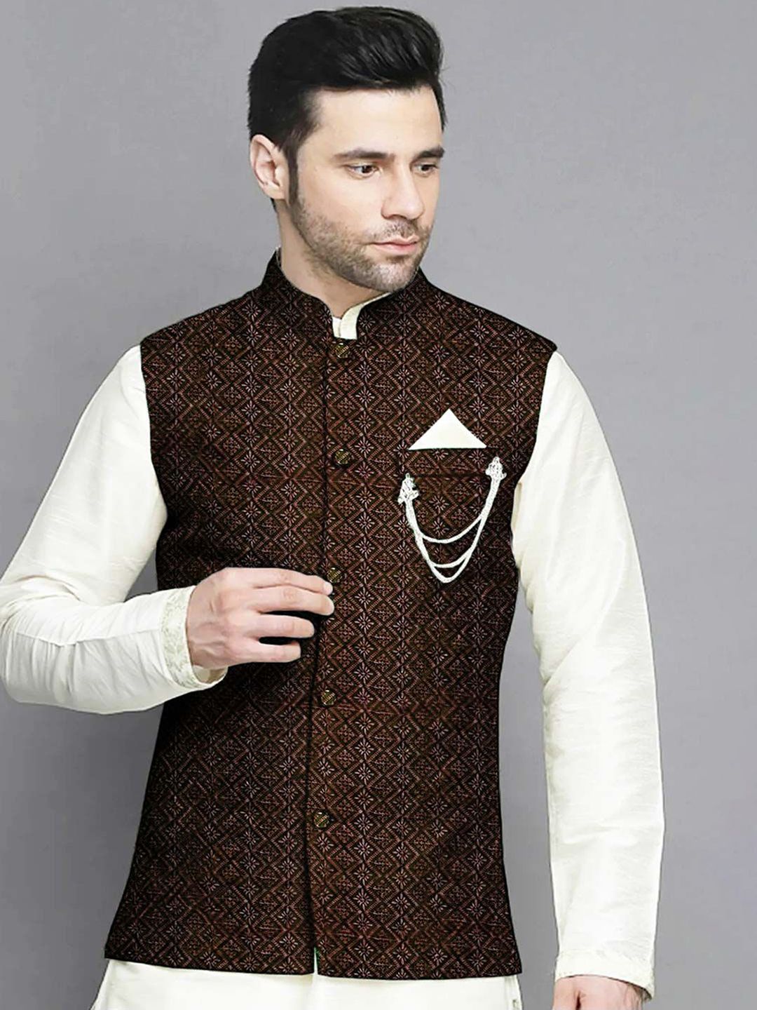 Utsav Fashion Men Woven Design Mandarin Collar Georgette Nehru Jacket