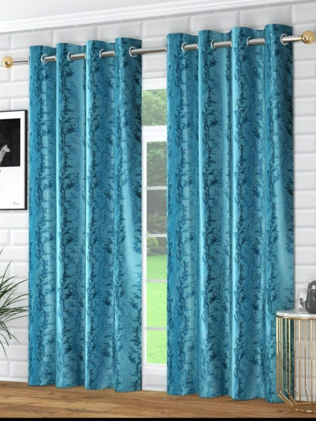 UrbanArts Blue 2 Pieces Floral Printed Room Darkening Window Curtain