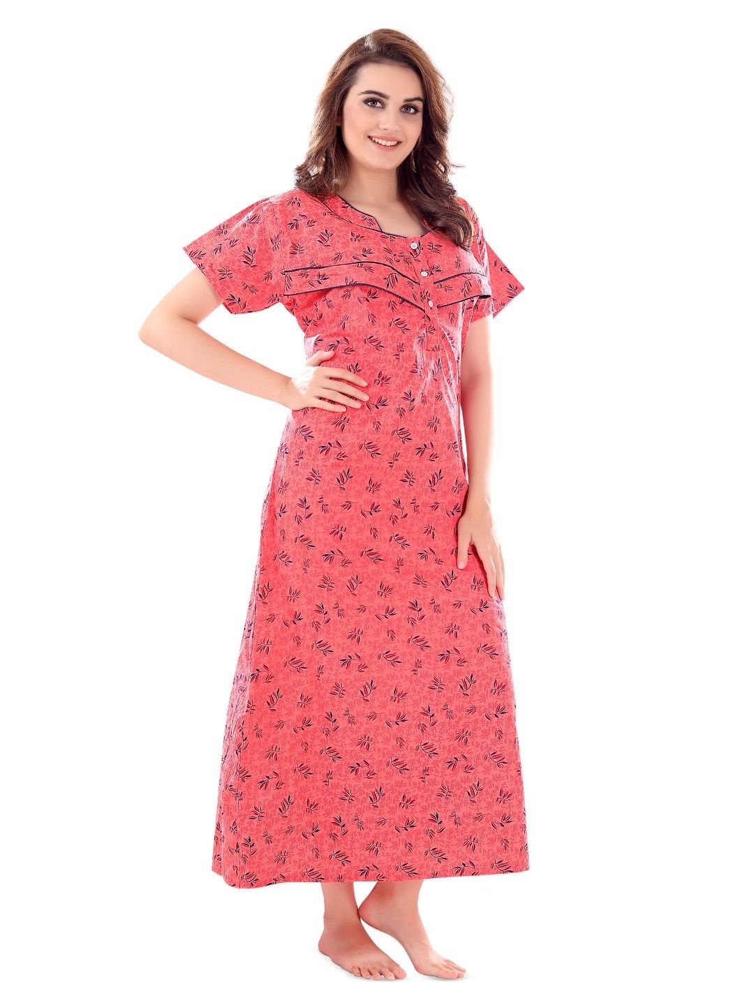 ANKONA Women Floral Printed Round Neck Cotton Maternity Maxi Feeding Nightdress