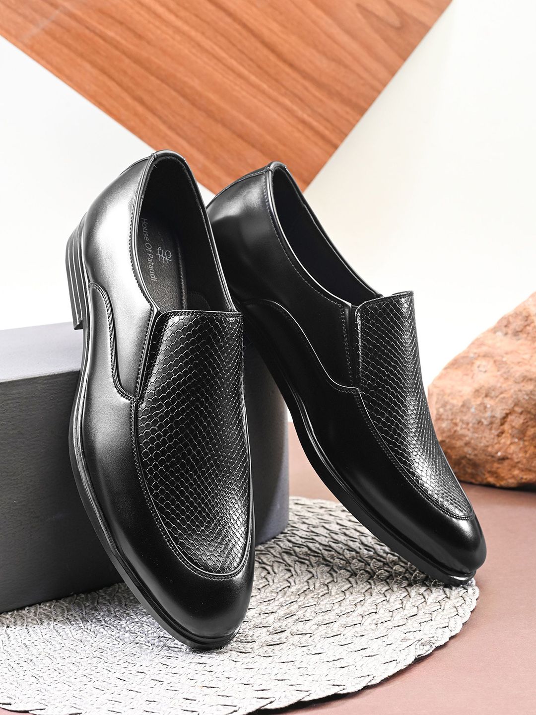 House of Pataudi Men Textured Formal Slip-Ons Shoes