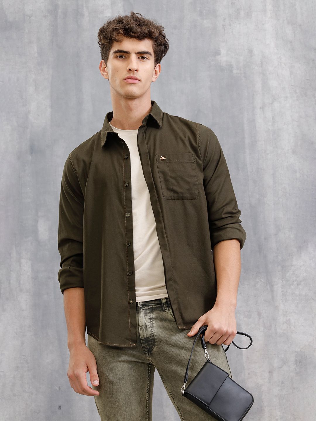WROGN Men Solid Olive Long Sleeves Shirt