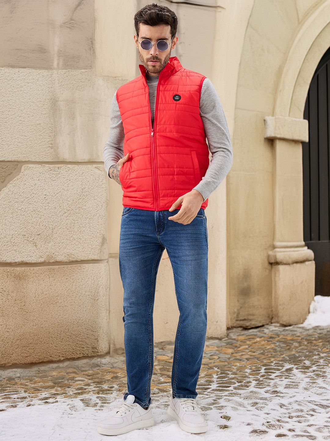 Status Quo Men Stand Collar Self Design Lightweight Gilet Jacket