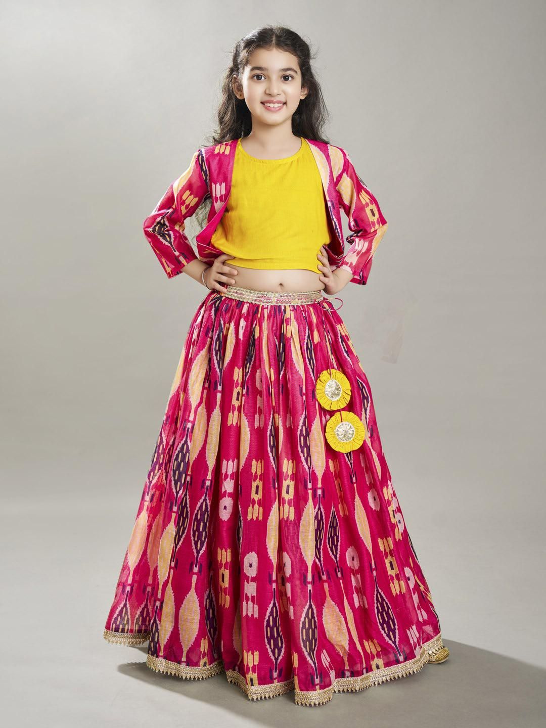 Bitiya by Bhama Girls Ikat Digital Printed Ready to Wear Lehenga & Blouse with Jacket