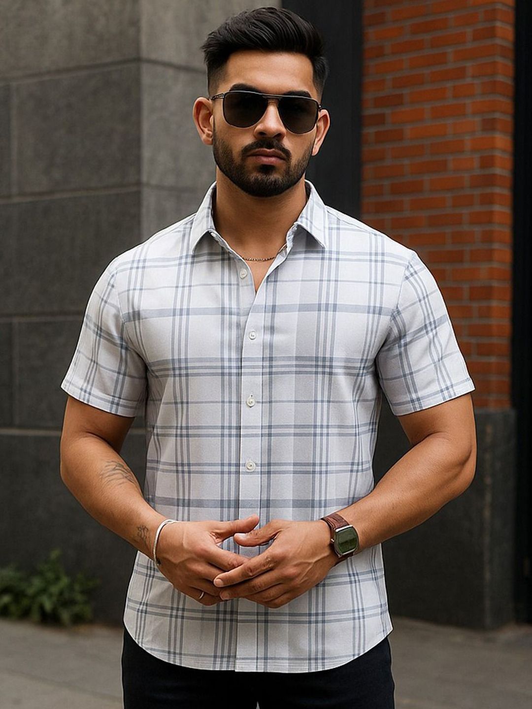 MARMIC FAB Classic Tartan Checked Spread Collar Slim Fit Shirt