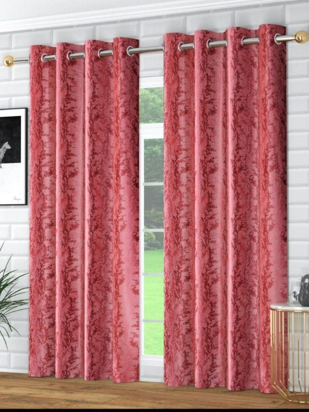 UrbanArts Red 2 Pieces Floral Printed Room Darkening Window Curtains
