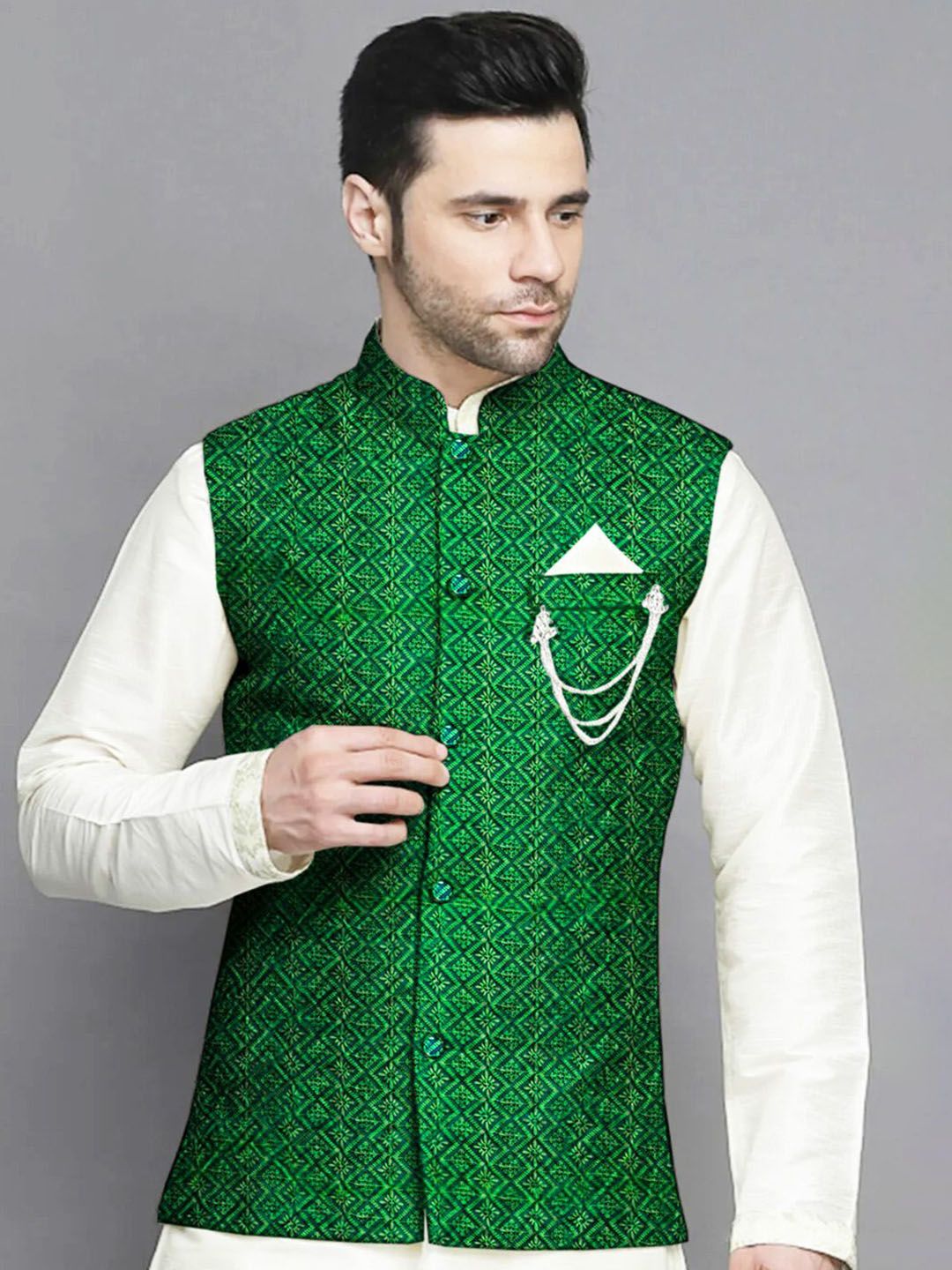Utsav Fashion Men Green Embroidered Georgette Nehru Jacket