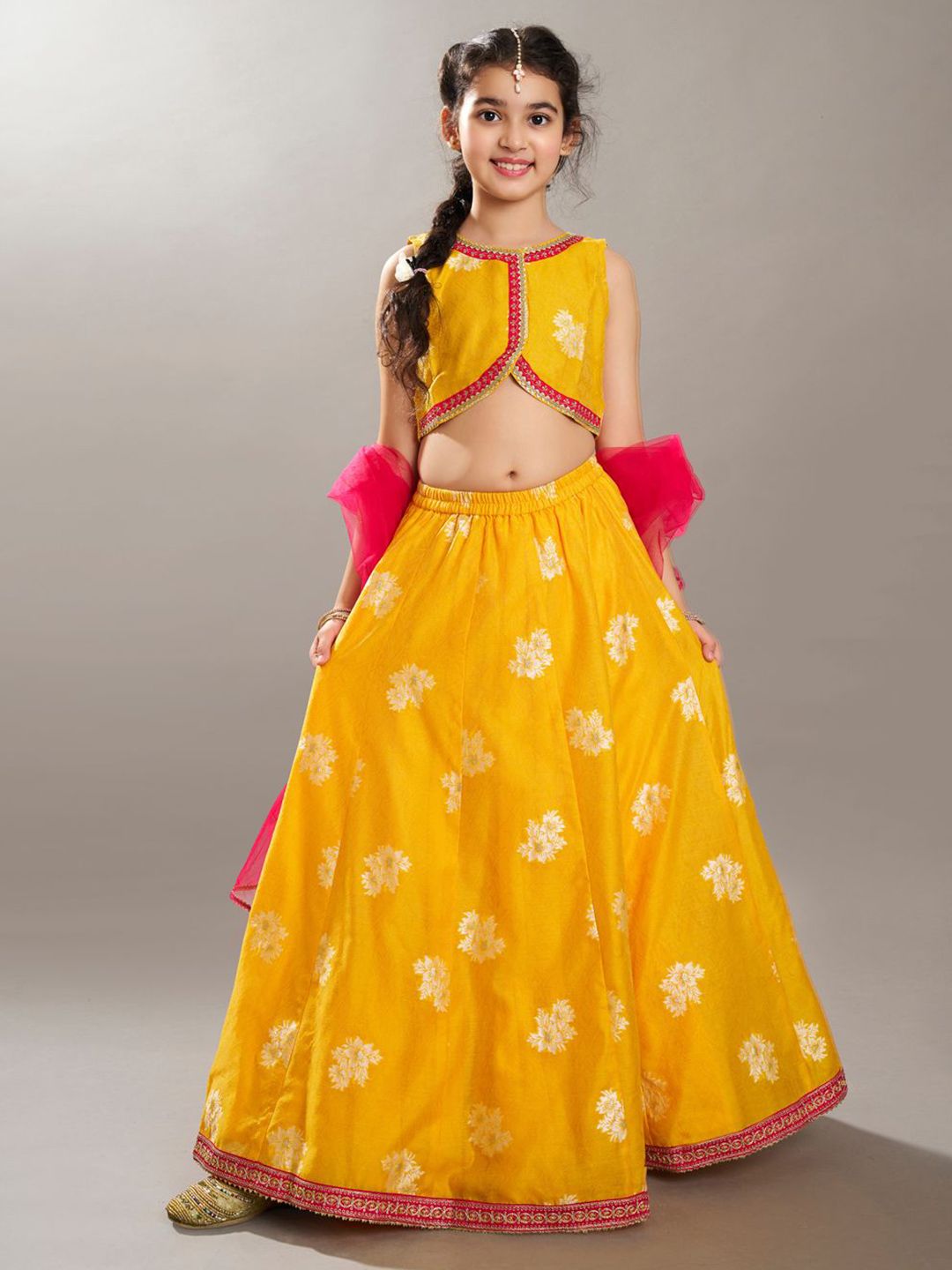 Bitiya by Bhama Girls Floral Woven Design Ready to Wear Lehenga & Blouse With Dupatta