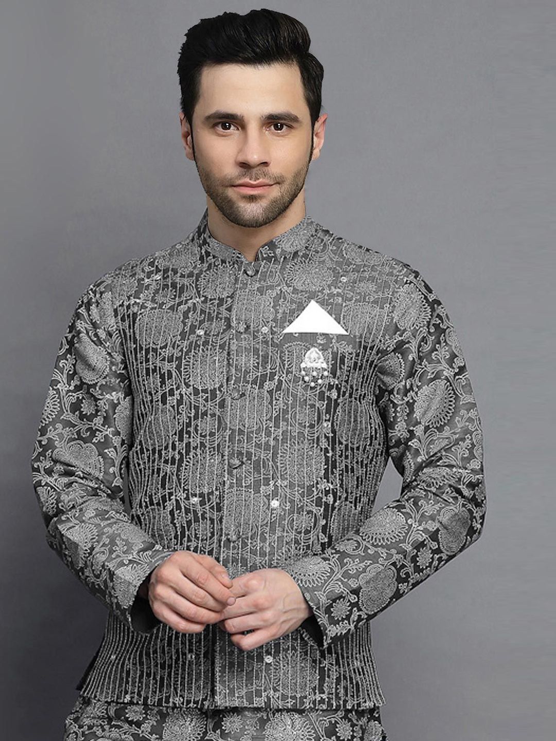 Utsav Fashion Men Block Printed Art Silk Nehru Jacket