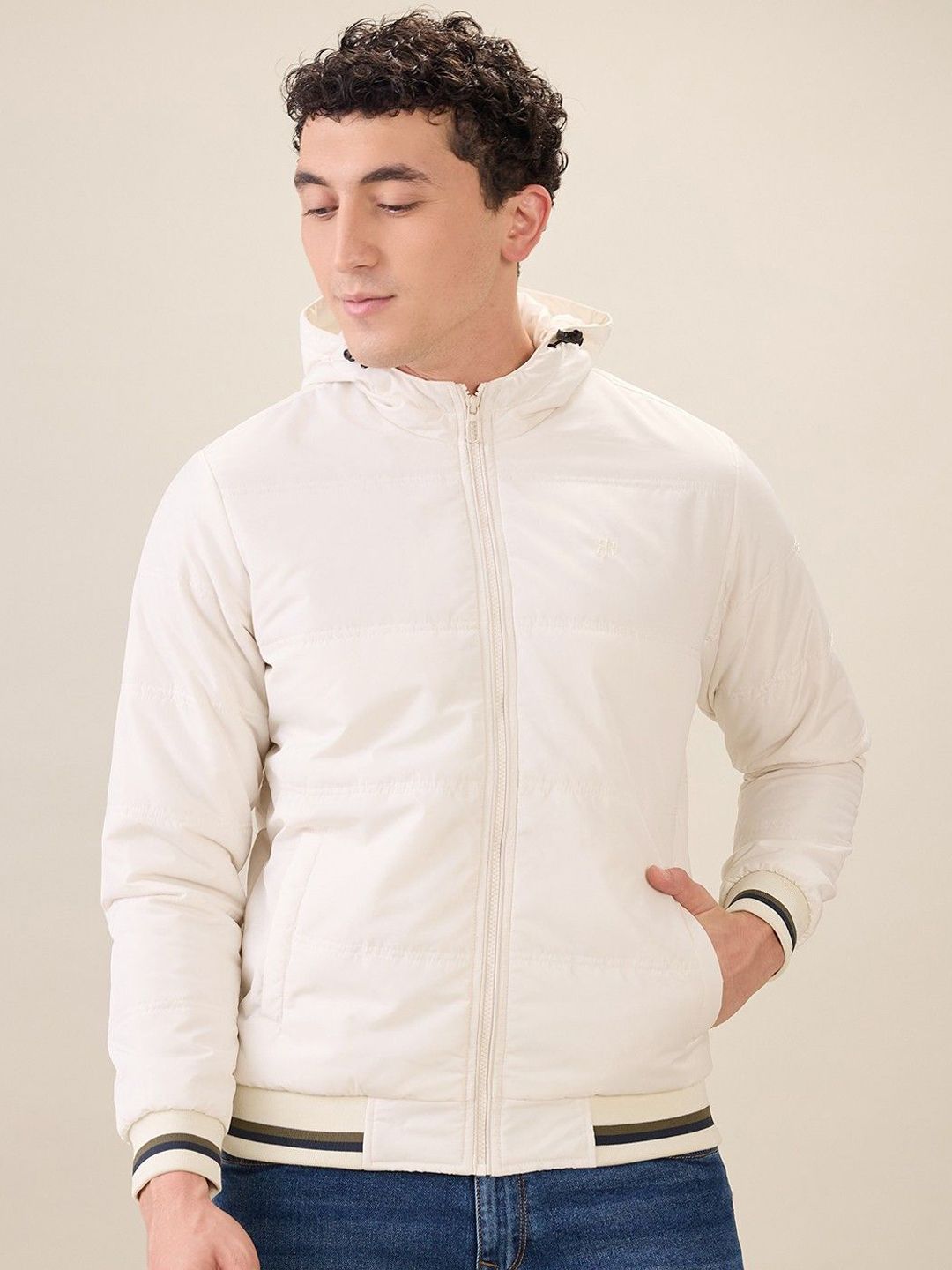 Raymond Men Hooded Solid Lightweight Bomber Jacket
