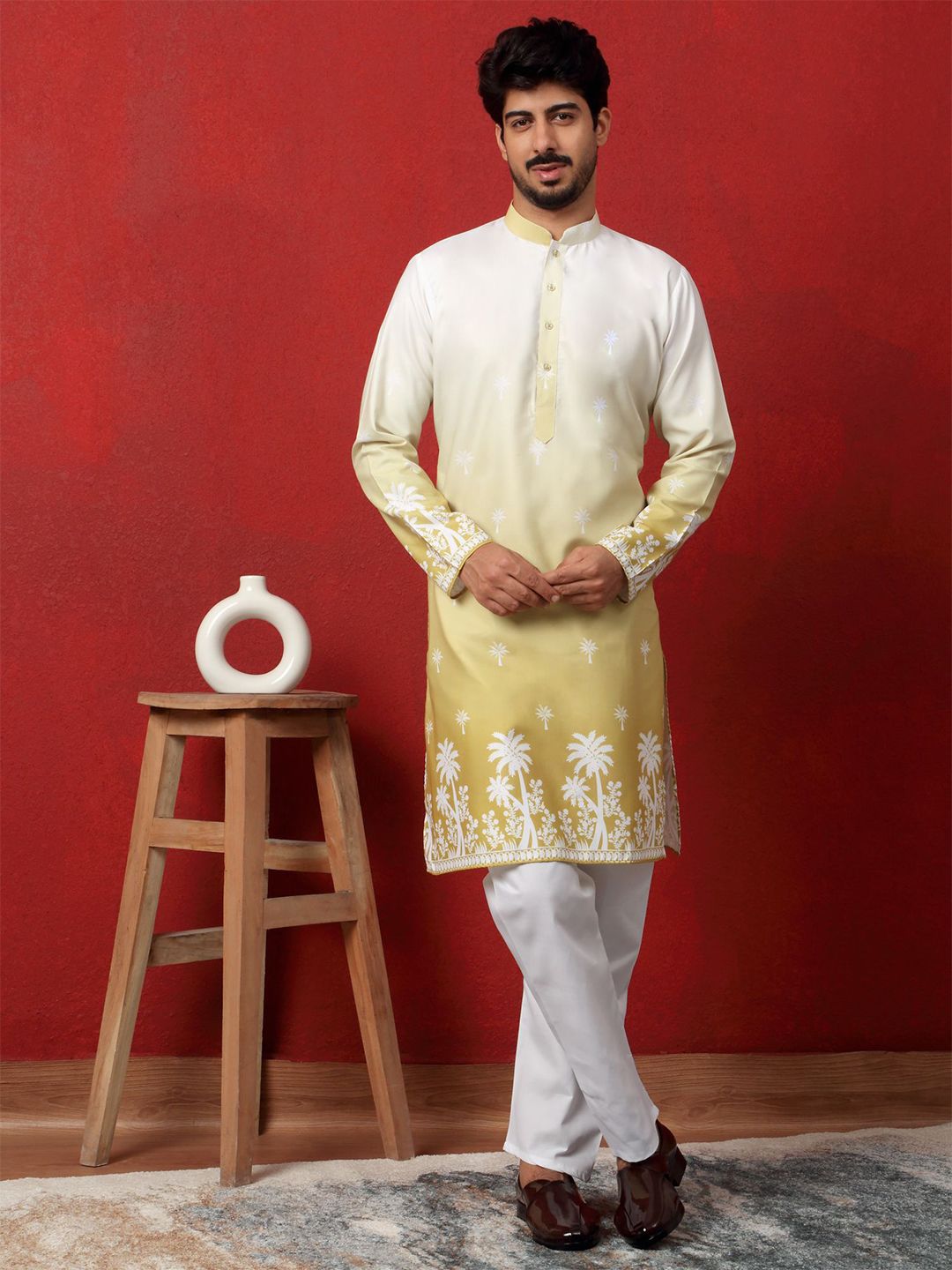 KRAFT INDIA Men Floral Printed Band Collar Thread Work Kurta