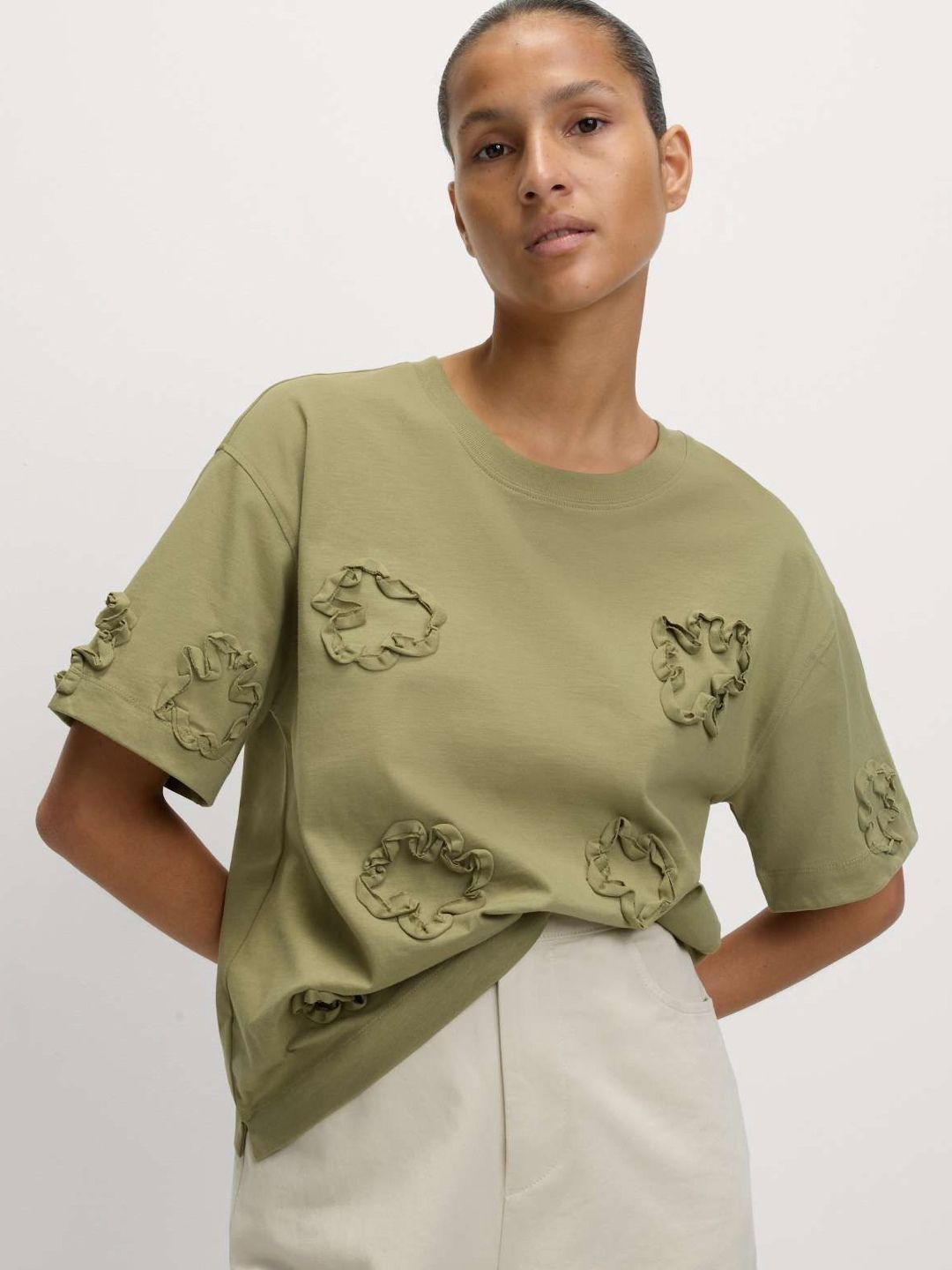 Marks & Spencer Self Design Round Neck Pure Cotton Boxy T-shirt