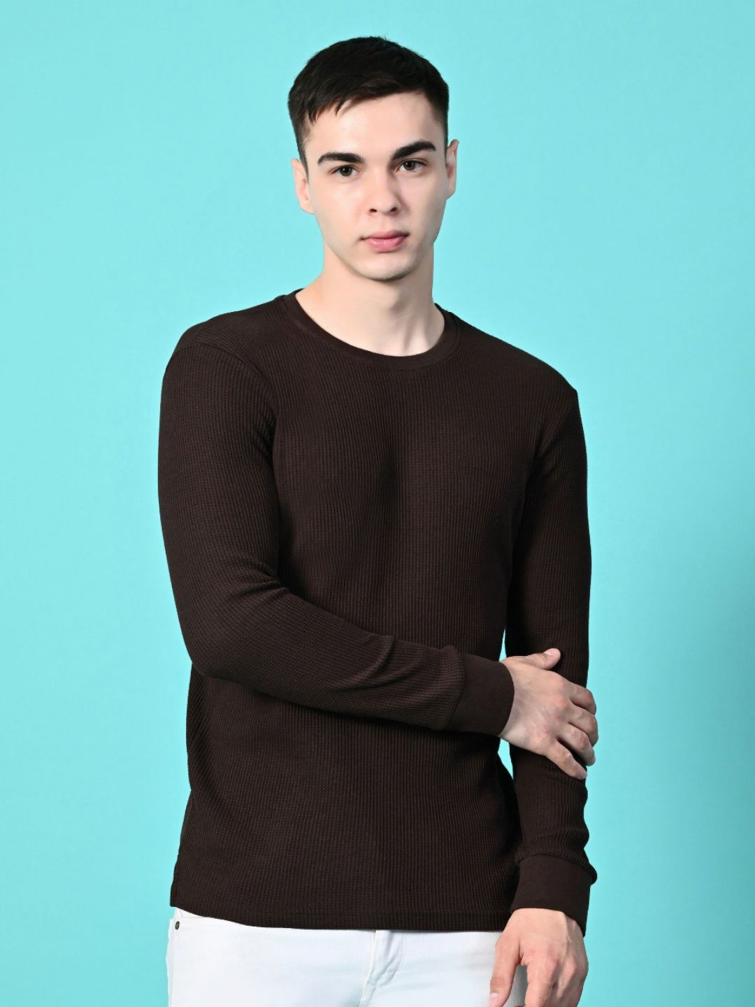 Mast & Harbour Self Design Round Neck Cotton Regular Fit T-shirt