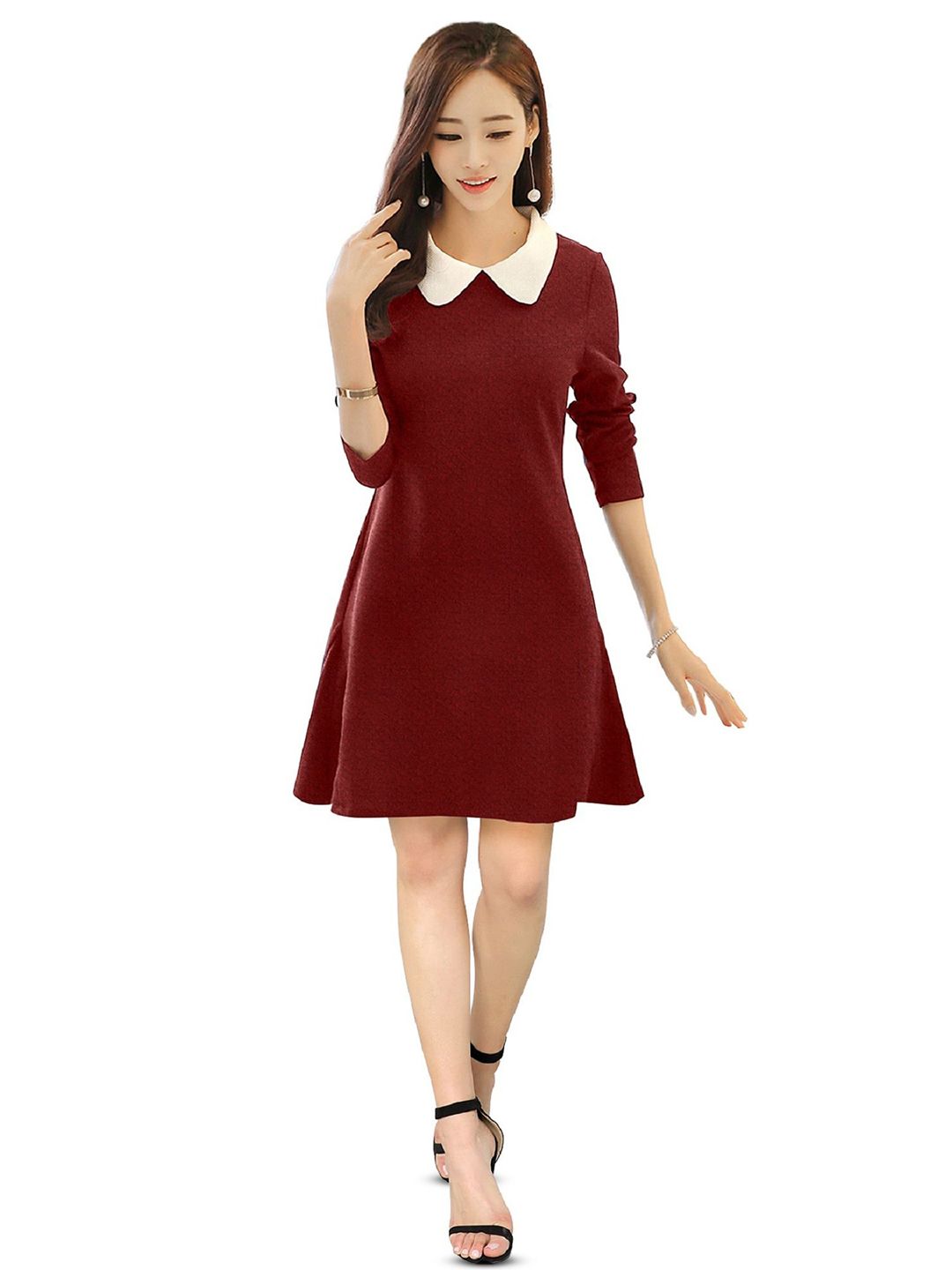 burgundy black tie dress White Collared Dress with Burgundy Details main image 1