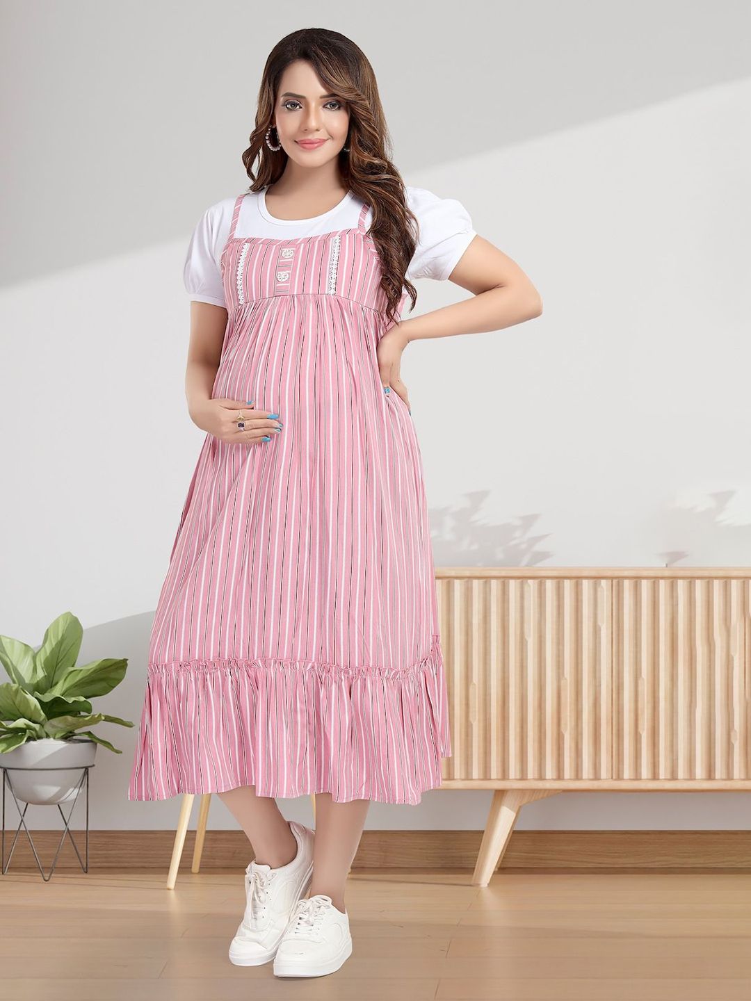 Buy MomsBae Striped Puff Sleeve Maternity Cotton Pinafore Midi