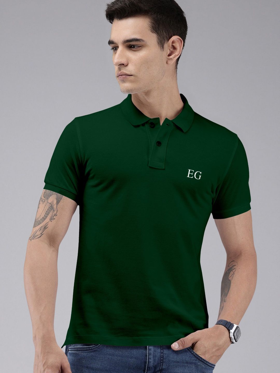 THE EG STORE Men Solid Polo Collar Cotton T-shirt