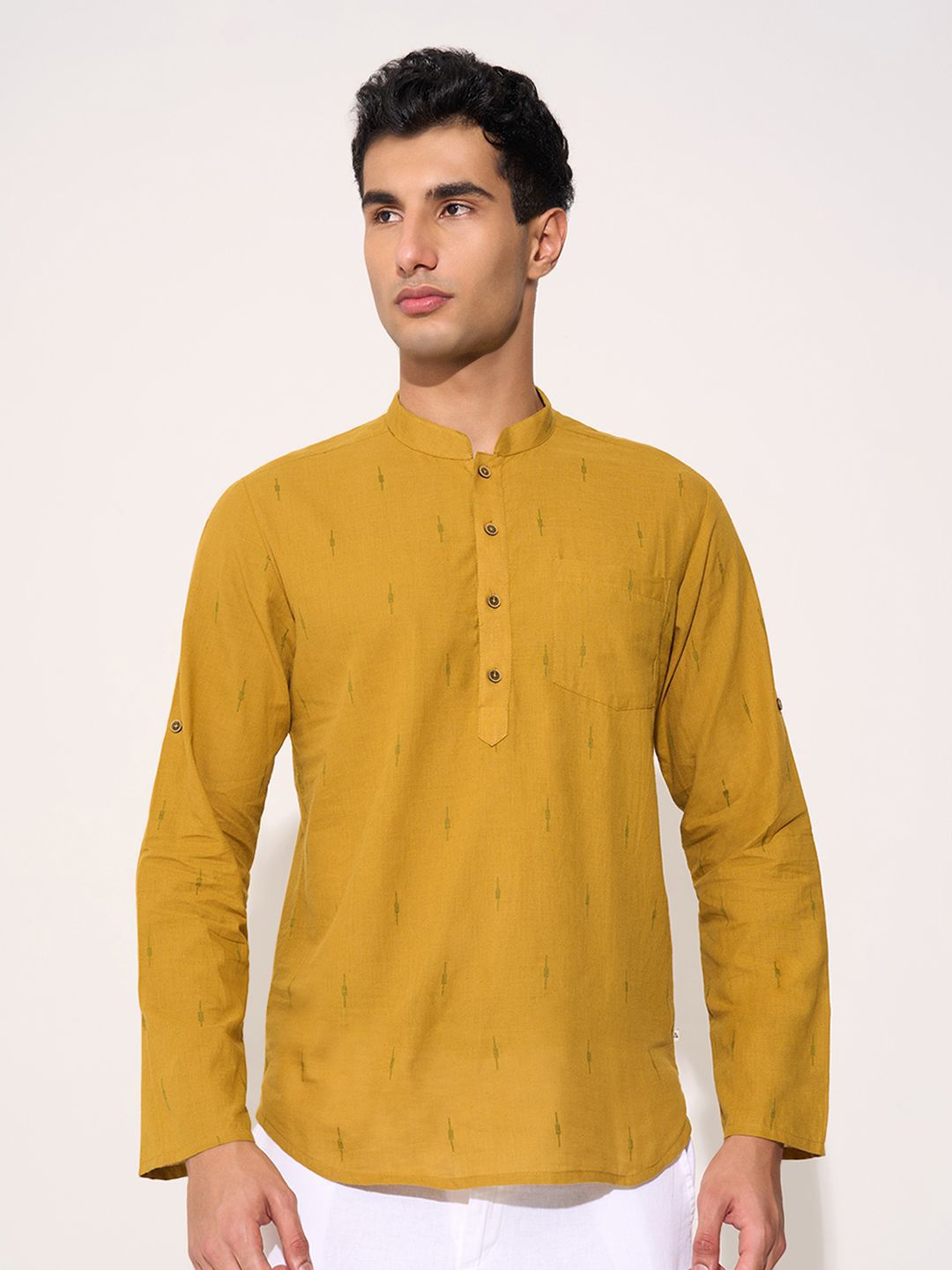 indus route by Pantaloons Abstract Printed Mandarin Collar Thread Work Dobby Cotton Kurta