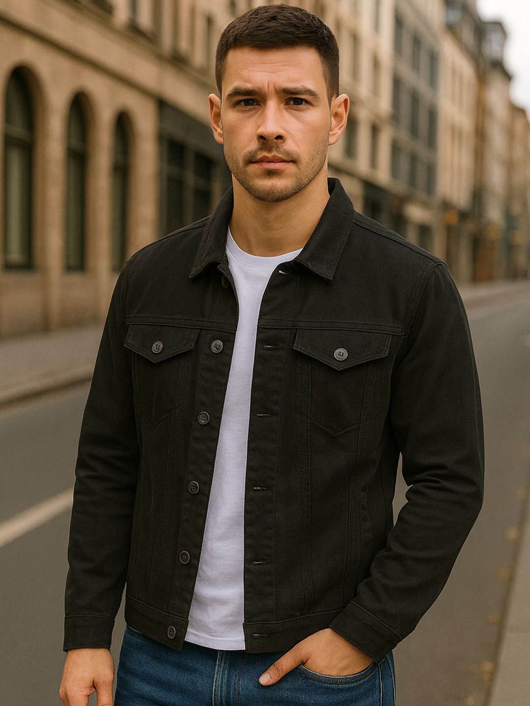 KASHIAN Men Spread Collar Solid Denim Jacket