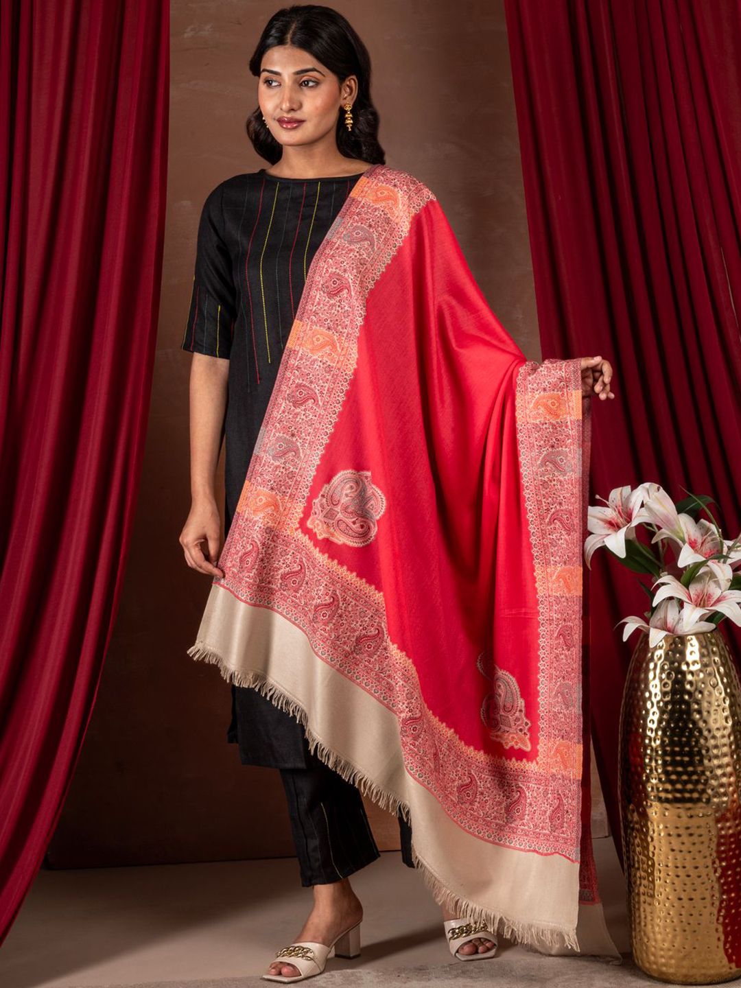 Naureen Paisley Woven Design Pashmina Kani Shawl
