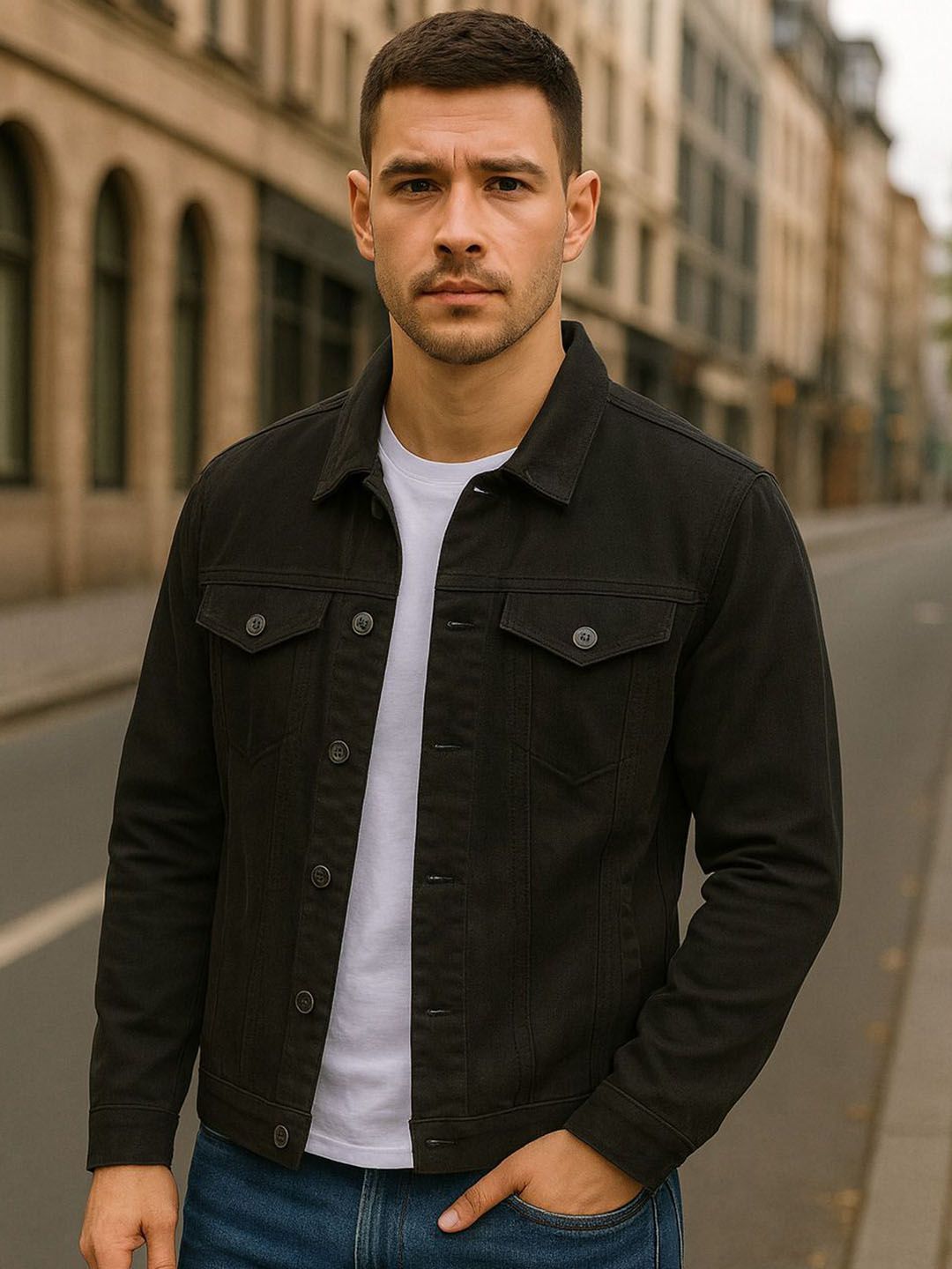 KASHIAN Men Spread Collar Solid Denim Jacket