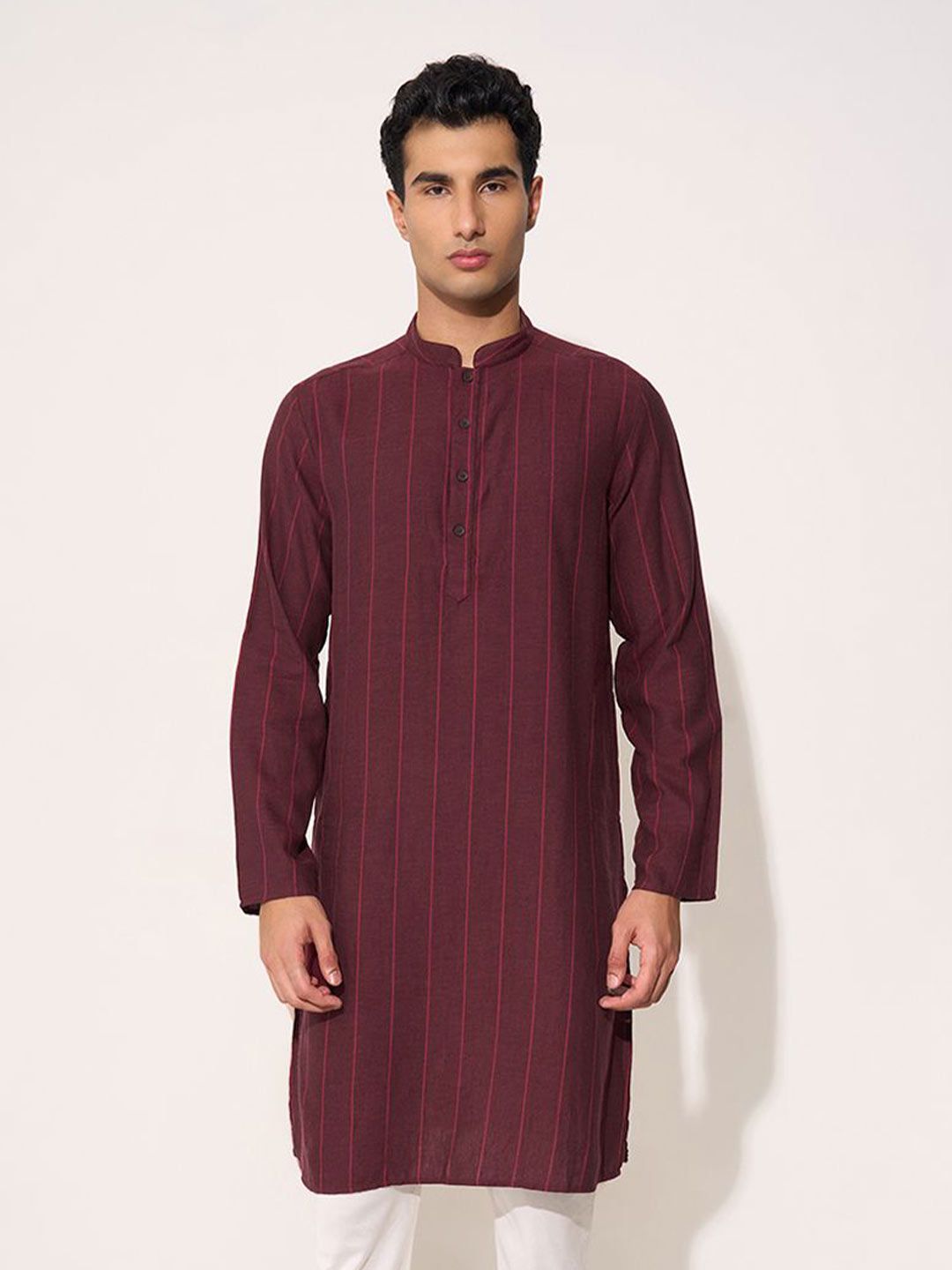 indus route by Pantaloons Men Striped Mandarin Collar Regular Straight Dobby Kurta