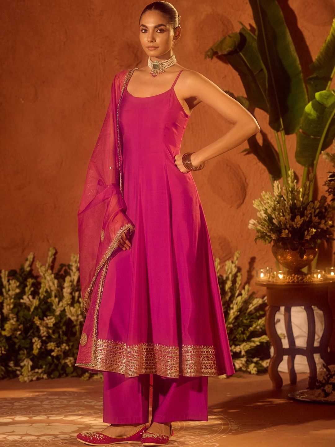 Women Solid Kurta Set FIORRA Women Solid A-Line Kurta with Palazzo & Dupatta