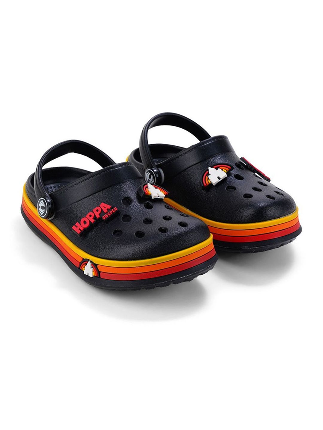Hopscotch Boys Black Cartoon Accents Backstrap Clogs