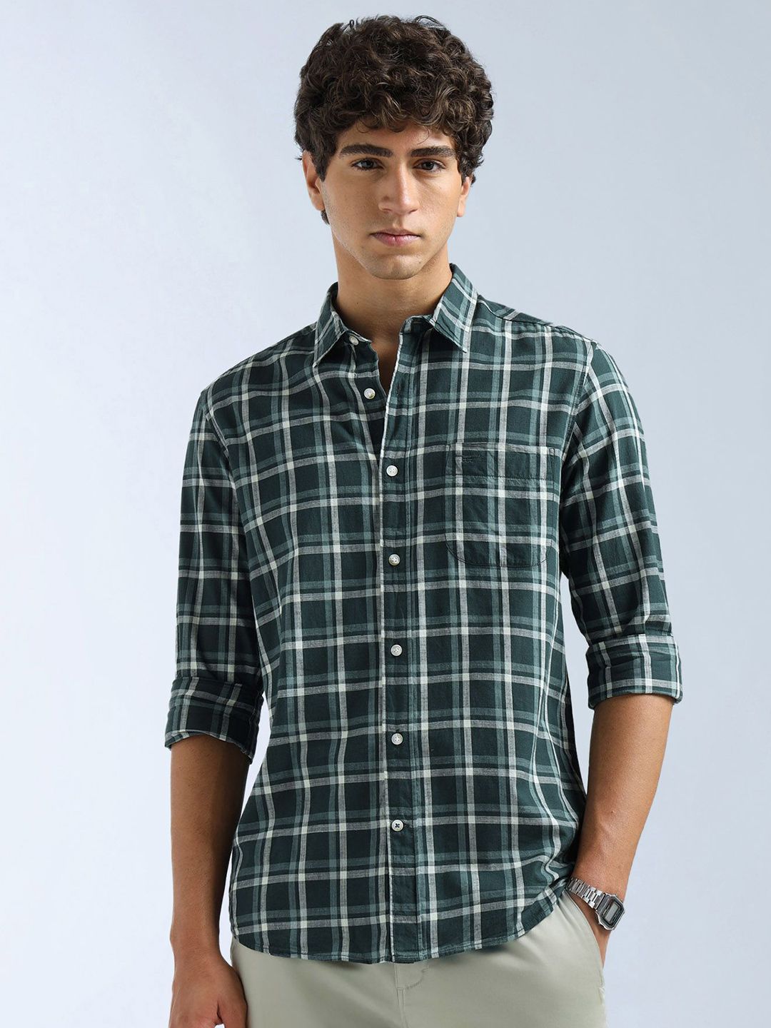 Flying Machine Men Regular Slim Fit Checked Spread Collar Pure Cotton Casual Shirt