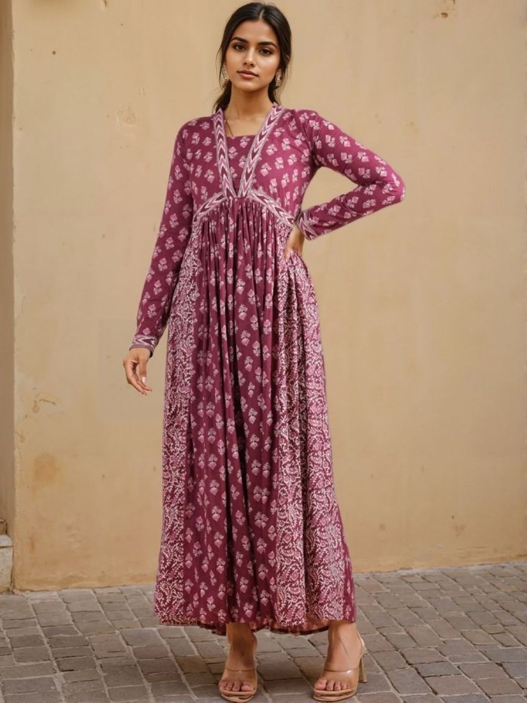 SZN SZN Women Lavender Floral Printed Alia Cut Anarkali Cotton Dress