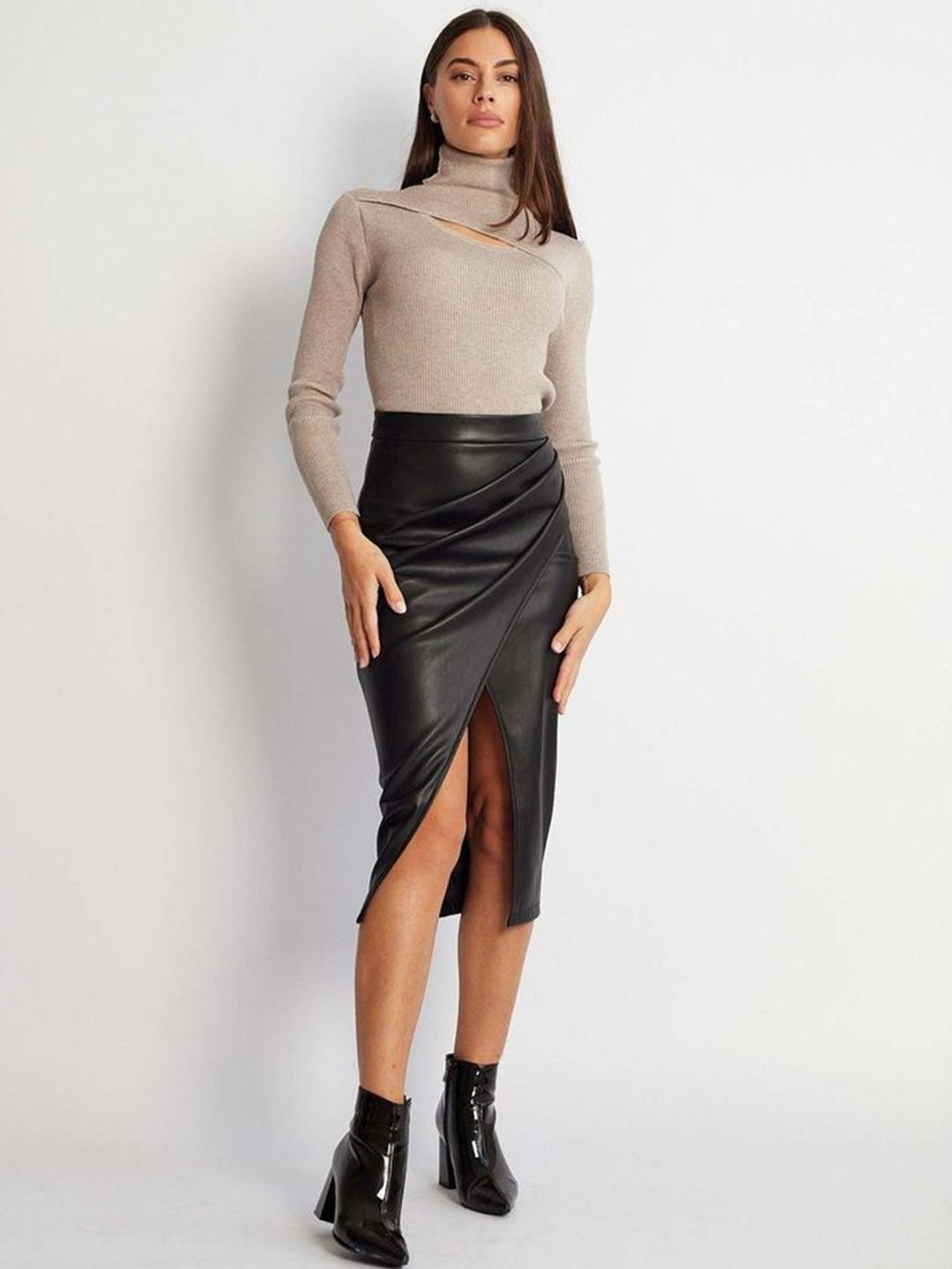 Buy LULU & SKY Women High-Rise Front Slit Pencil Pleated Midi