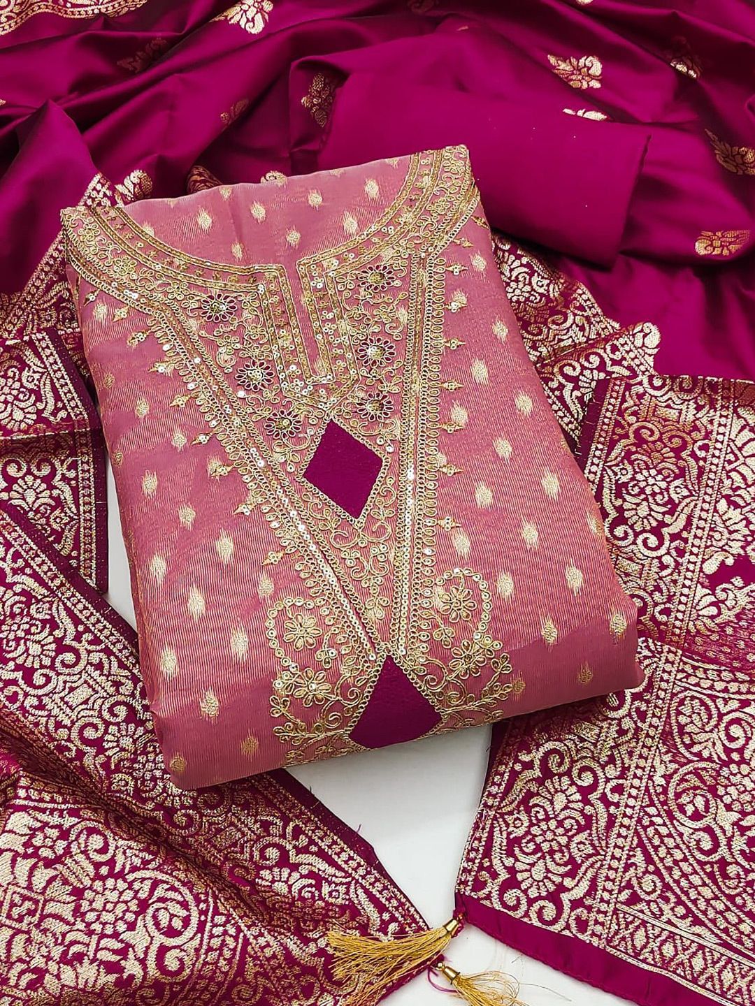 HMP Fashion Ethnic Motifs Embroidered Sequinned Chanderi Silk Unstitched Dress Material