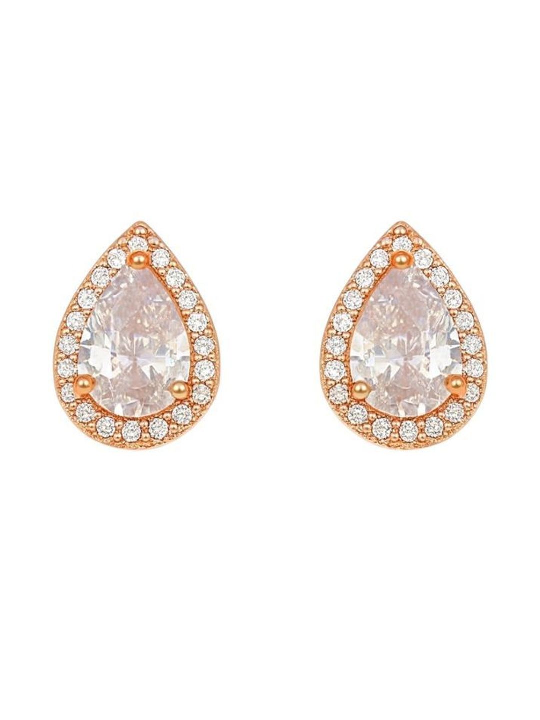 Nilu's Collection Rose Gold-Plated American Diamond Studded Teardrop Shaped Studs