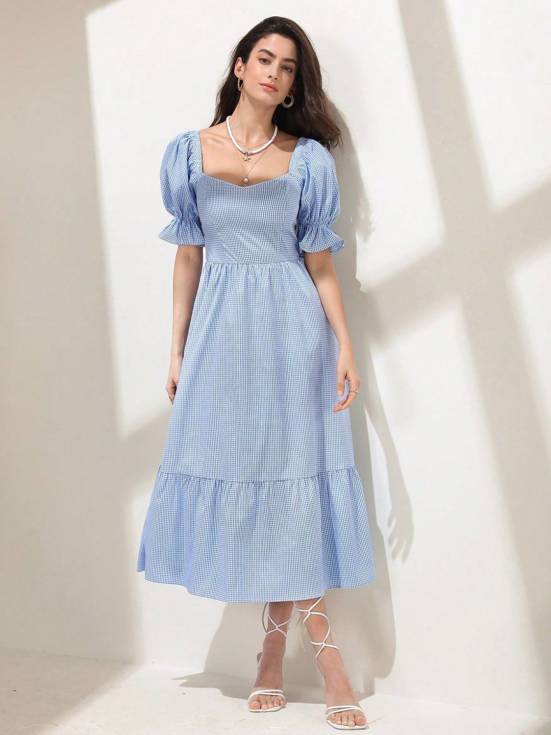 GINGHAM Dress FIT MADISONBLUE & DRESS Gingham Plus Neck Puff Notch
