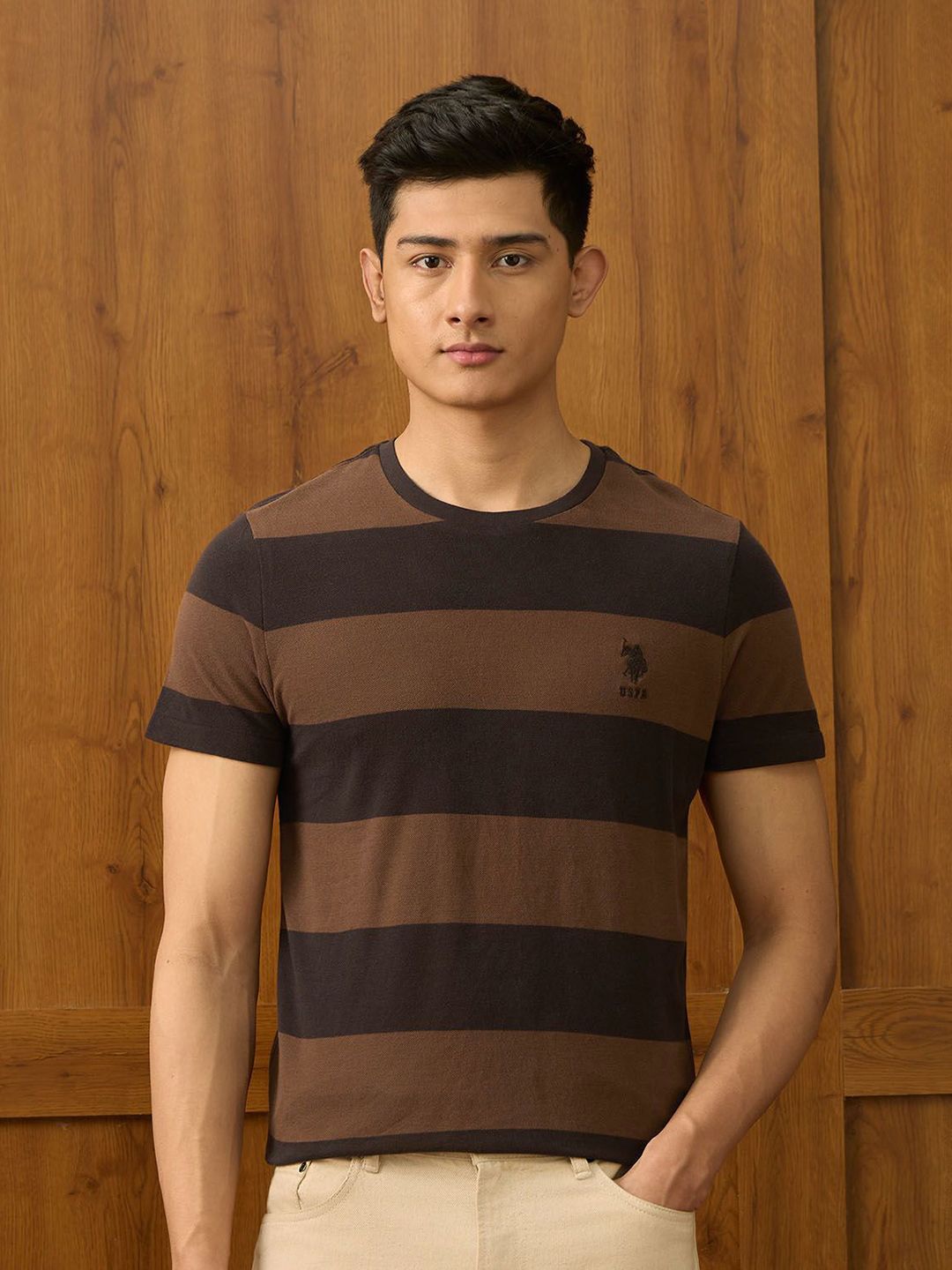 U.S. Polo Assn. Men Striped Round Neck Pure Cotton T-shirt