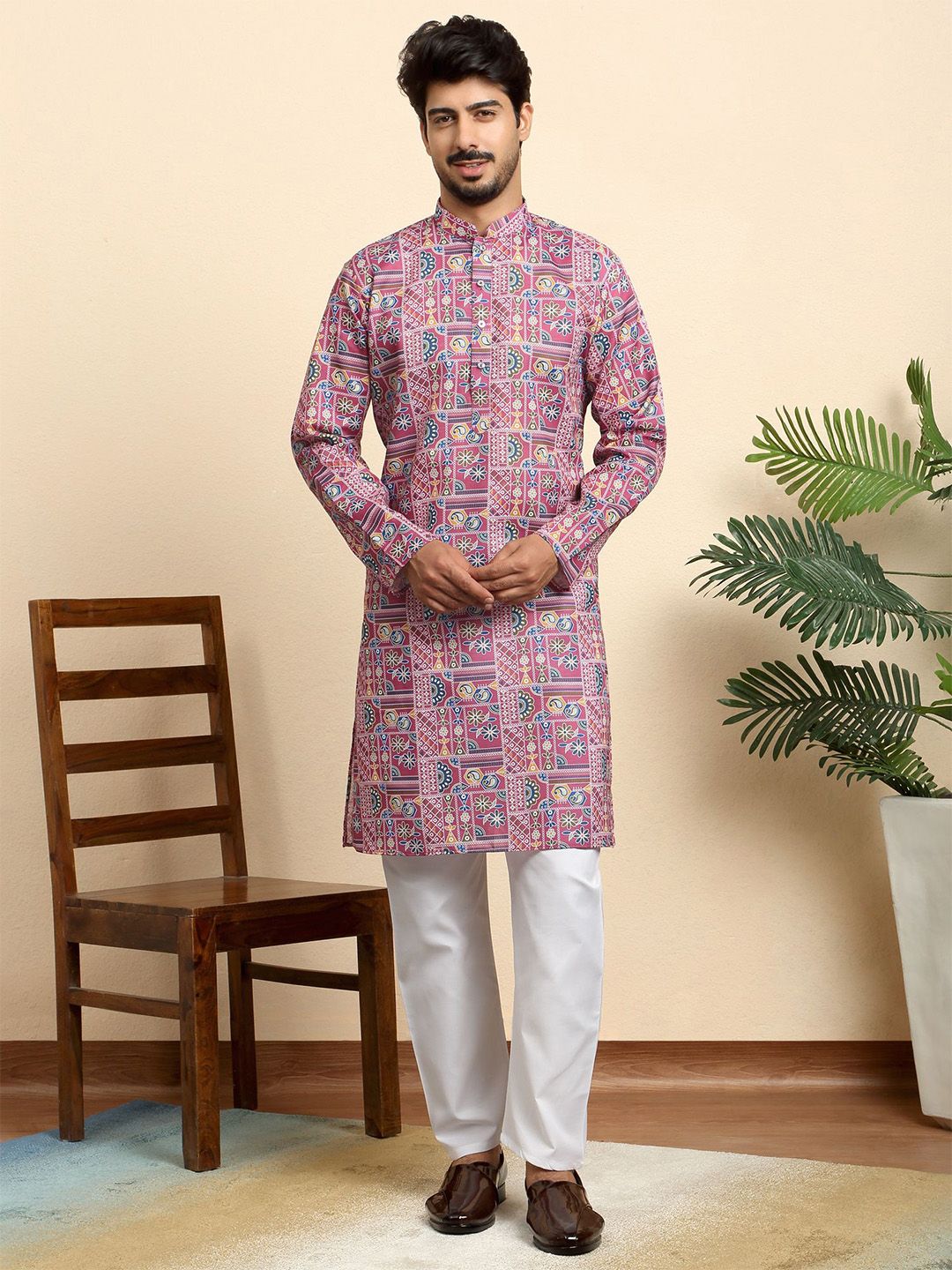 KRAFT INDIA Floral Printed Mandarin Collar Kurta