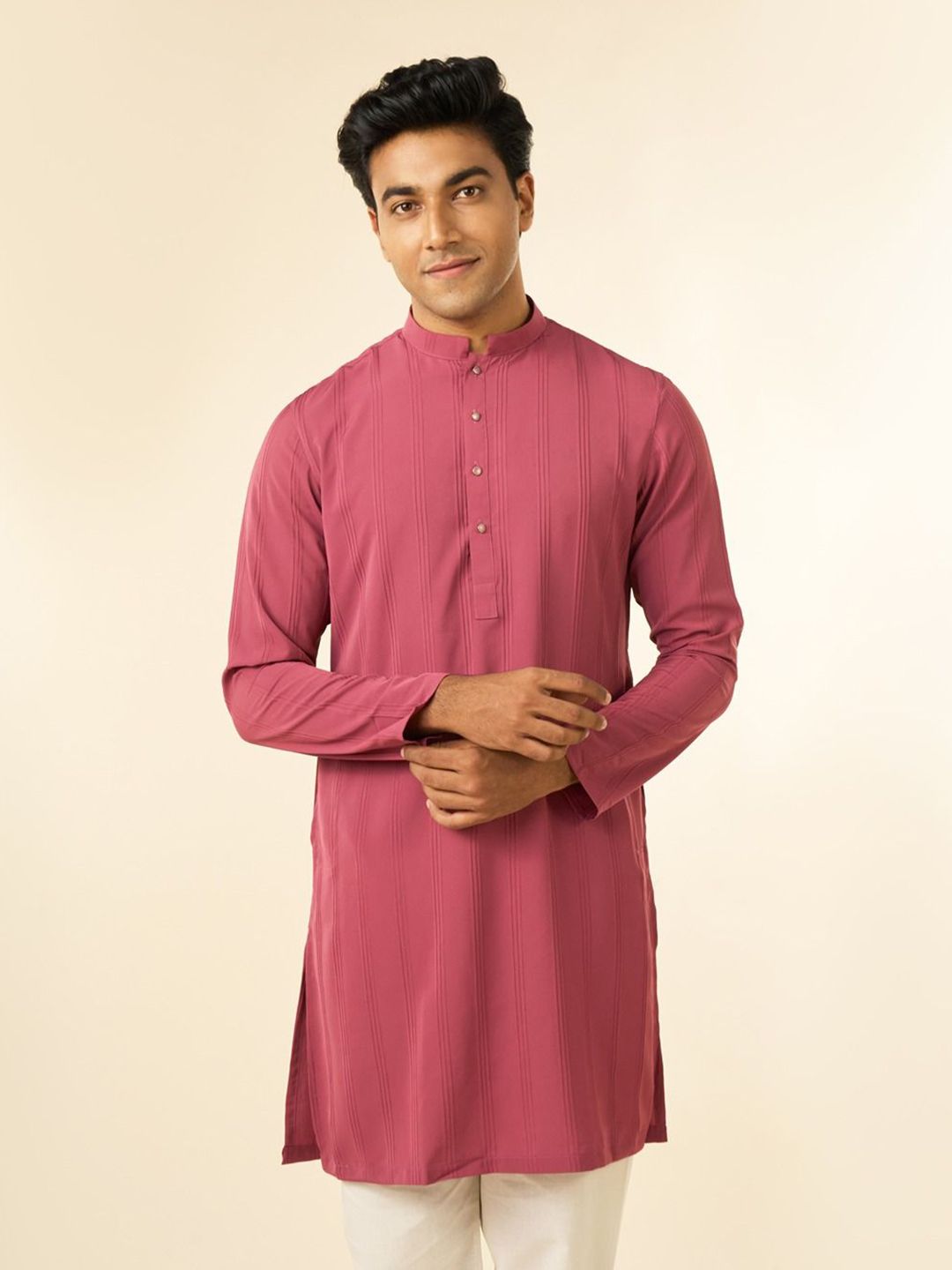 Diwas by Manyavar Men Striped Mandarin Collar Crepe Kurta