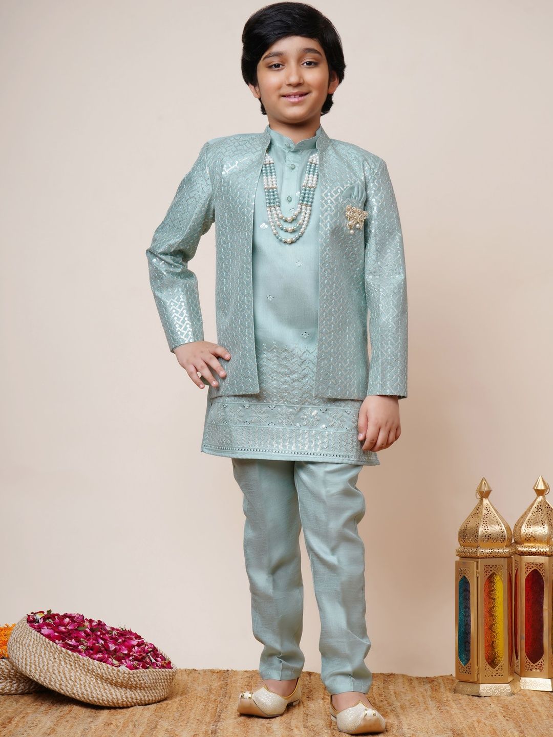 Sangria Boys Embroidered Regular Sequinned Kurta with Trousers