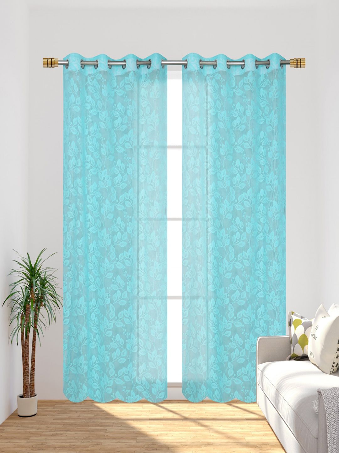 Aura Turquoise Blue 2 Pieces Self Design Sheer Long Door Curtains